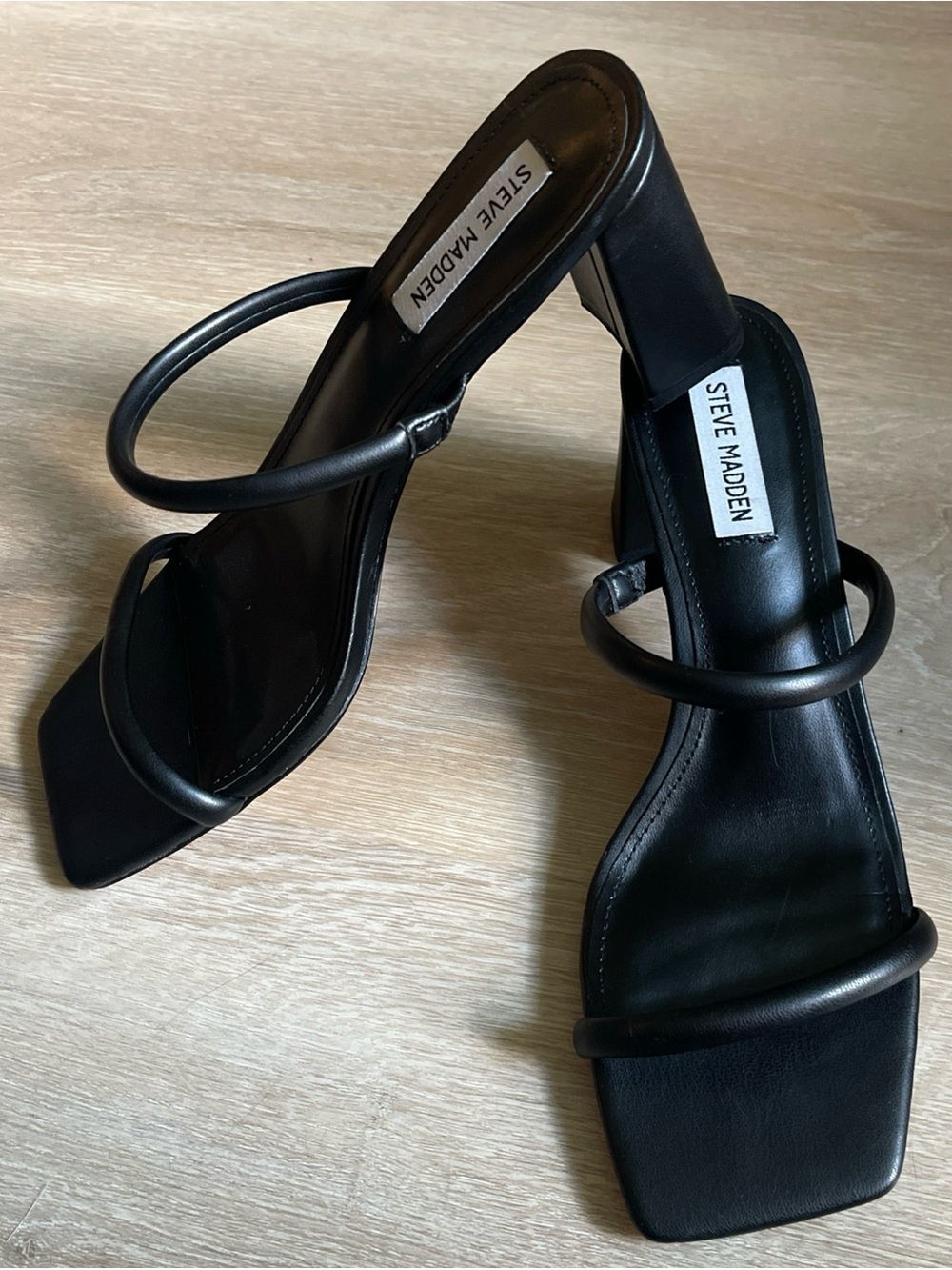 STEVE MADDEN Lilah Black Slip on Strappy Dress Sandals Chunk Block Heel